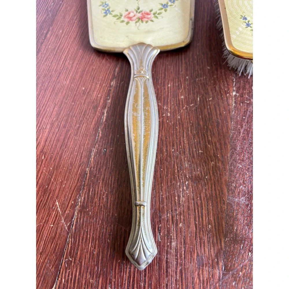 Vintage Floral Guilloche Vanity Set Hand Mirror Brush Comb Gold Tone 3pc